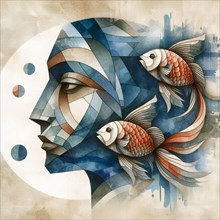 Serene abstract painting featuring a woman's face amidst fish and geometric shapes, square aspect