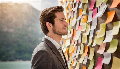 A smiling man in a suit stands in front of a wall with many colourful post-its, symbol bureaucracy,