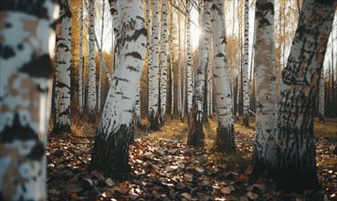 Golden autumn light filters through a serene birch forest with a carpet of fallen leaves AI