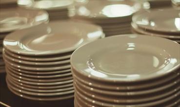 Stacked ceramic plates with a brownish tone give a clean and organized impression in a kitchen AI