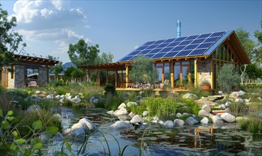 Modern house with solar panels overlooking a tranquil pond at sunset AI generated