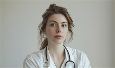 A healthcare worker in a white coat stands against a plain backdrop, looking contemplative AI