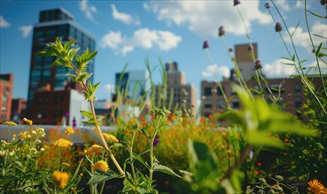 Wildflowers blooming on an urban rooftop with city buildings in the background AI generated