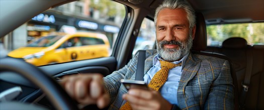 Fashionable man using a smartphone in a luxury vehicle amidst city traffic, AI generated