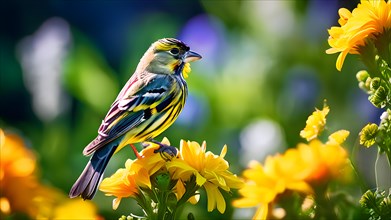 Siskin bird perched amidst vibrant summer garden blooming flora, AI generated