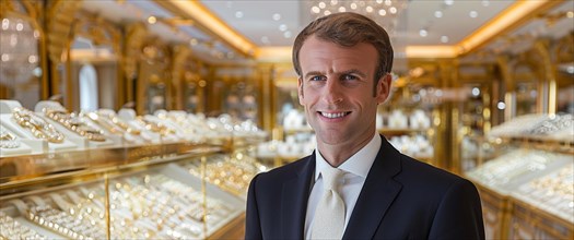 Smiling french elegant young man in a luxury jewelry store with a backdrop of elegant displays, AI