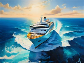 Painting of aerial view of cruise ship cutting through the deep blue caribbean, AI generated