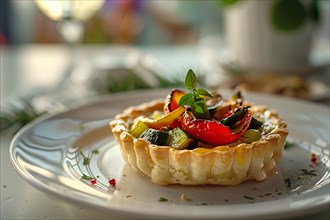 An appealing vegetable tart with roasted toppings, garnished with fresh herbs, AI generated