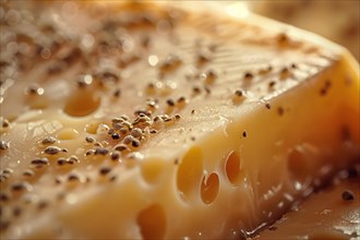 Close-up of a cheese showing its texture and holes, highlighting its detail, AI generated