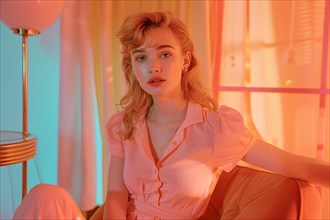 A woman in a pastel-colored room with retro aesthetic gazes contemplatively amidst soft lighting,