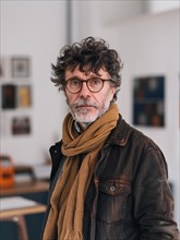 An individual with curly hair wearing glasses and a scarf in an art-filled studio, AI generated