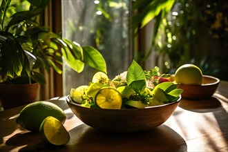 Citrus and avocado salad placed gently on a rustic wooden table surrounded by lush indoor plants,