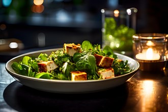 Savory tofu and greens salad showcased on a polished bar counter in neon lights, AI generated
