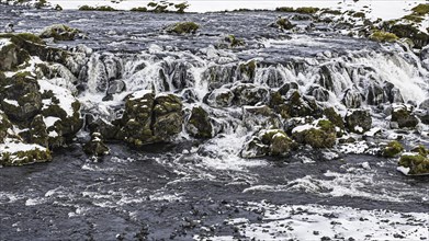 Small waterfall, onset of winter, Fjallabak Nature Reserve, drone shot, Sudurland, Iceland, Europe