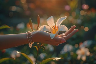 Hand gently holding a flower with elegant jewelry in warm sunlight, AI generated