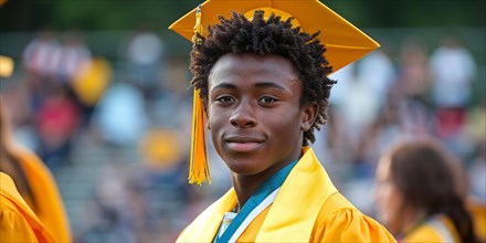 Confident young graduate with afro hair style in cap during golden-hour lighting, AI generated