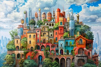 Whimsical and colorful fantasy architecture with floating islands, illustration, AI generated