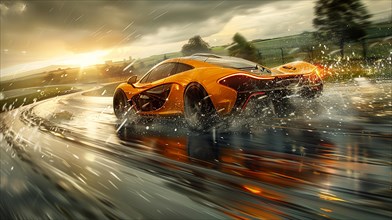 Orange supercar racing on a wet track with dynamic splash, reflecting the dramatic sky, AI