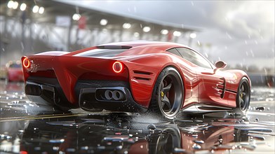 A red supercar glistens on a reflective surface in the rain, showcasing luxury and performance, AI