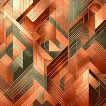 Digital geometric abstraction with a complex perspective in warm orange hues, AI generated