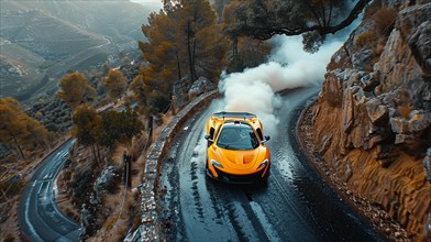 Yellow car racing along a winding cliffside road with smoke trailing behind, AI generated