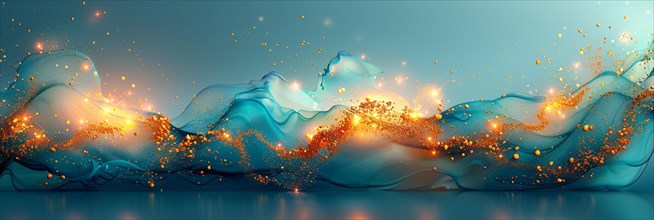 Fantasy-inspired abstract digital art with dynamic blue and orange sparkly flowing shapes, AI