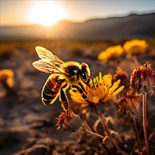 Bee on a wilting flower with a blurred barren landscape in the background, AI generated
