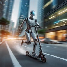 A humanoid robot rides on an electric scooter, an e-scooter, on the road through the city, road