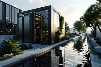 Compact urban water recycling unit tailored for individual building, AI generated