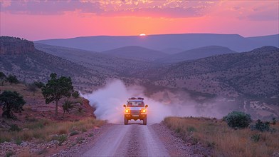 A 4x4 vehicle on a dusty road in the hills at sunset with a pink sky above, action sports