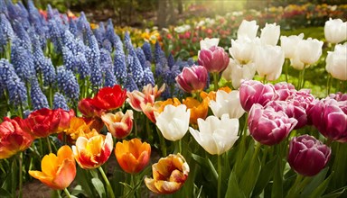 Lots of colourful tulips blooming in the garden, spring, AI generated, AI generated