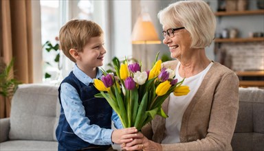 A boy presents an older woman with a colourful bouquet of flowers, both smile happily and warmly,