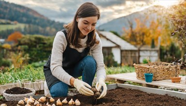 Happy woman working on a raised bed in an autumn garden, AI generated, AI generated