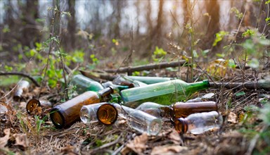 There are some empty glass bottles in the forest, some broken, pollution, AI generated, AI