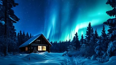 Aurora borealis over traditional wooden cabin, AI generated