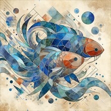 Abstract mosaic with a pair of fish in blue, intertwined with flowing lines and geometric shapes,