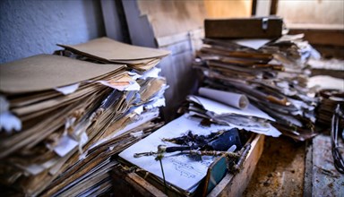 Abandoned office with piles of disorganised papers and documents, symbol of bureaucracy, AI