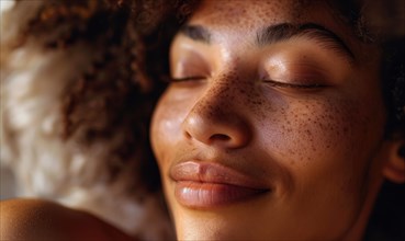 Serene close-up of a woman with eyes closed, freckles on display, exuding relaxation AI generated