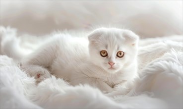 A small kitten with white fur looks calm and innocent on a light, soft background AI generated