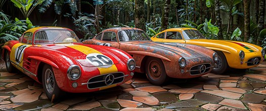 Three vintage Mercedes cars in colorful paints surrounded by a lush green environment, AI generated