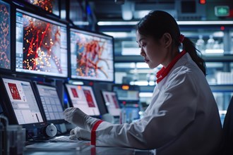 A focused female scientist working with multiple screens in a high-tech laboratory, AI generated