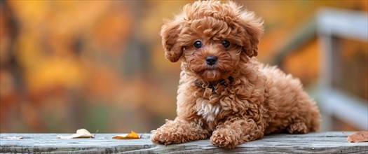 A fluffy and cute puppy on a wooden surface surrounded by autumn leaves, AI generated