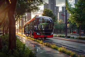 Modern tram on a city track surrounded by greenery and bathed in the warm glow of sunset, AI