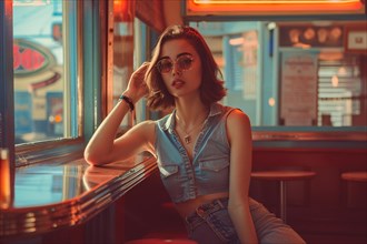 Stylish woman in sunglasses posing in a retro diner with neon lighting, AI generated