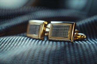 Close-up of sophisticated gold-finish cufflinks on a textured textile surface, AI generated