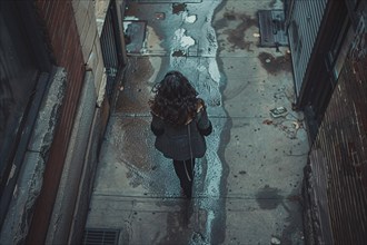 View from above of a woman walking alone on a wet urban street, creating a reflective, moody scene,