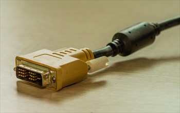 Angled view of a gold-colored DVI connector on a computer cable, in South Korea