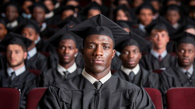 A serious looking black male graduate in cap and gown at a graduation ceremony, AI generated
