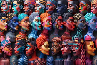 Artistic array of colorful, patterned profiles representing a diversity of faces, illustration, AI