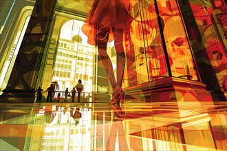 Abstract urban scene with the silhouette of a woman and city reflections, illustration, AI